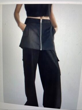 Zara Black wide leg Cargo Pants with Zip mini Skirt Overlay- new